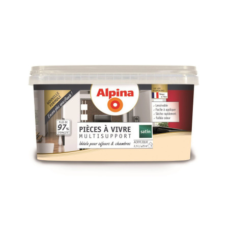 Peinture acrylique pièces à vivre Alpina 2,5L satin blanc cassé - Fabrication française