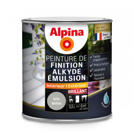 Peinture de finition Alkyde Alpina 0,5L brillant gris béton - Fabrication française