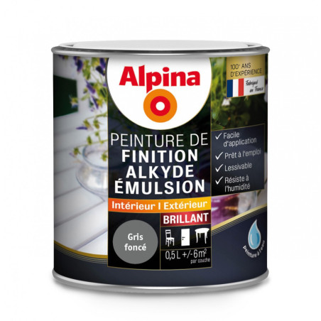 Peinture de finition Alkyde Alpina 0,5L brillant gris foncé - Fabrication française