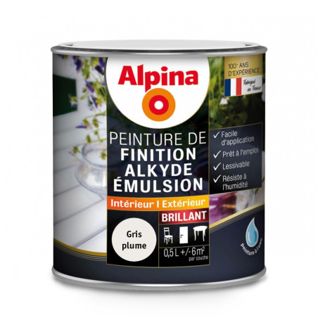 Peinture de finition Alkyde Alpina 0,5L brillant gris plume - Fabrication française