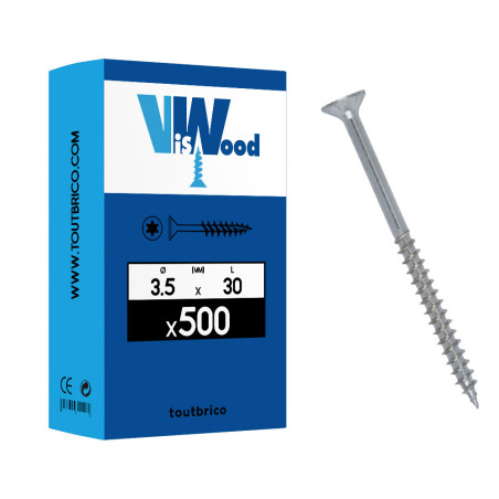 Boite 500 vis agglo 3,5 X 30mm tête fraisée torx filetage complet zingué - Viswood