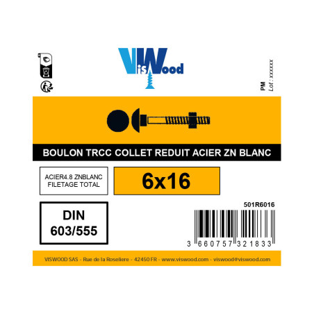 Boulon TRCC collet réduit + écrou embase crantée 6 x 16mm zingué à l'unité - Viswood