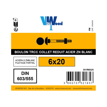 Boulon TRCC collet réduit + écrou embase crantée 6 x 20mm zingué à l'unité - Viswood