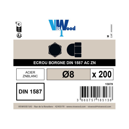 Boite 200 écrous borgnes Ø 8mm zingué - Viswood