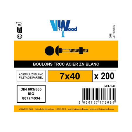 Boite 200 boulons TRCC 7 X 40mm zingué - Viswood