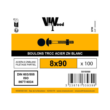 Boite 100 boulons TRCC 8 X 90mm zingué - Viswood