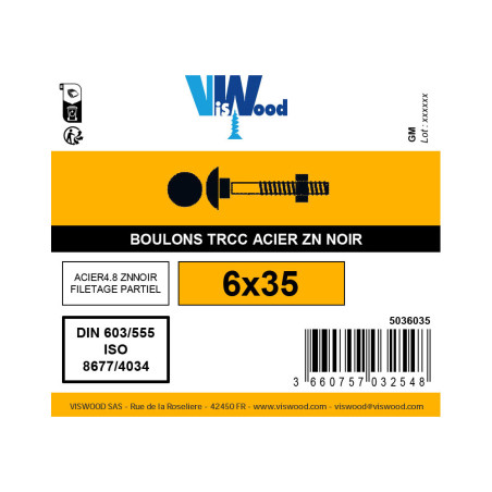 Boulon TRCC 6 x 35mm zingué noir à l'unité - Viswood