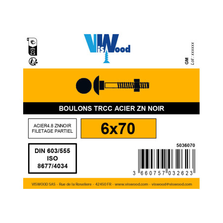 Boulon TRCC 6 X 70mm zingué noir à l'unité - Viswood