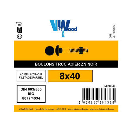 Boulon TRCC 8 X 40mm zingué noir à l'unité - Viswood
