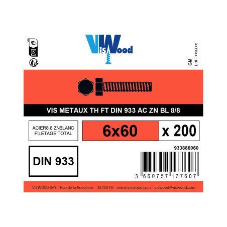 Boite 200 vis 6 X 60mm tête hexagonale classe 8.8 zingué - Viswood