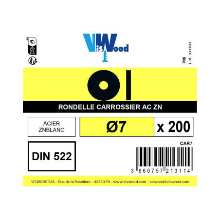 Boite 200 rondelles carrossier Ø 7mm zingué - Viswood