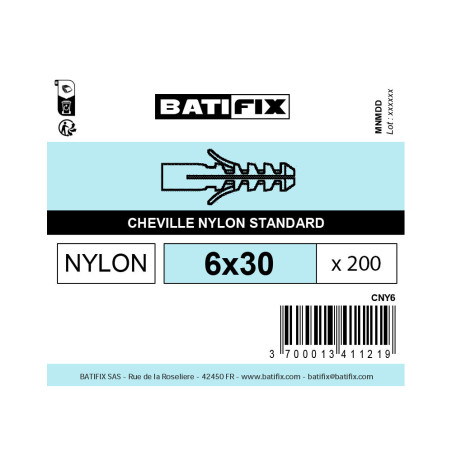 Boite 200 chevilles matériaux pleins 6 x 30mm nylon - Batifix