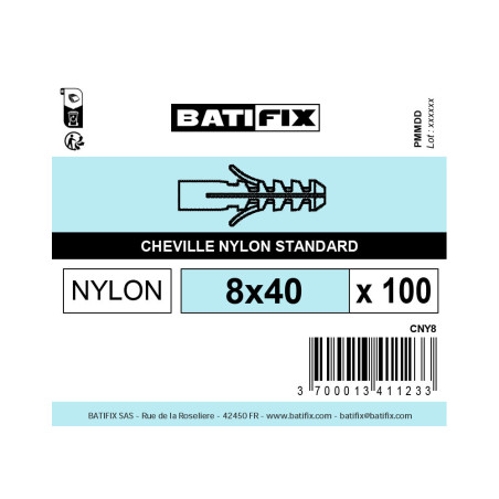 Boite 100 chevilles matériaux pleins 8 x 40mm nylon - Batifix