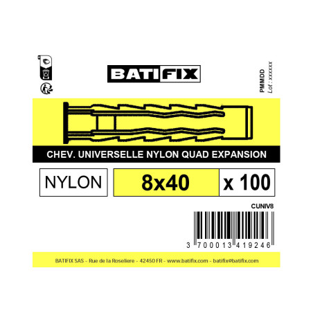 Boite 100 chevilles multimatériaux 8 x 40mm nylon - Batifix