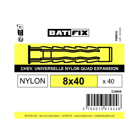 Boite 40 chevilles multimatériaux 8 x40mm nylon - Batifix