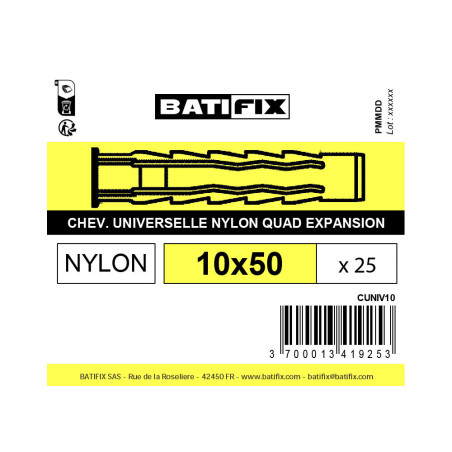 Boite 25 chevilles 10 x 60mm multimatériaux nylon - Batifix
