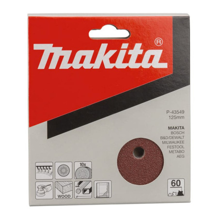 Lot 10 disques abrasifs Ø125mm grain 60 pour bois et métal - Makita