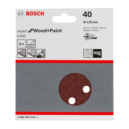 Lot 5 disques abrasifs Wood and Paint Expert K40 Ø125mm - Bosch