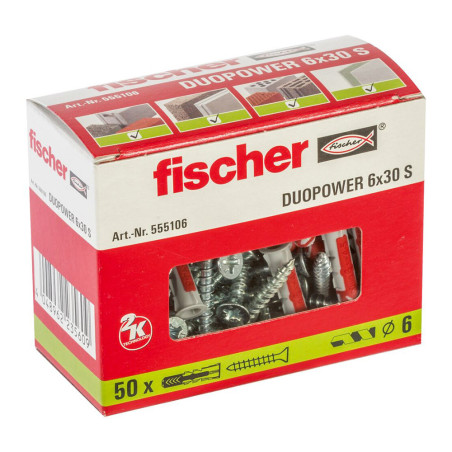 Boite 50 chevilles bi-matière Ø6 x 30mm S + vis DuoPower - Fischer