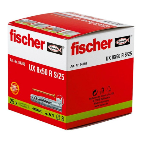 Boite 25 chevilles tous matériaux sans collerette + vis UX Ø8 x 50mm - Fischer