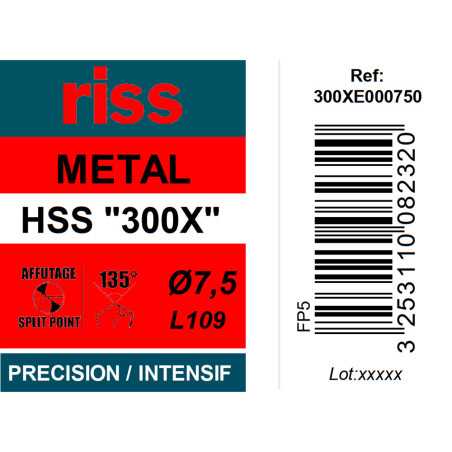 Foret à métaux HSS taillé meulé 300X Ø7,5mm - Riss