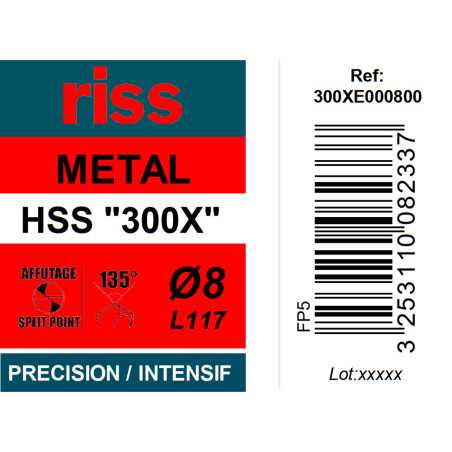 Foret à métaux HSS taillé meulé 300X Ø8mm - Riss