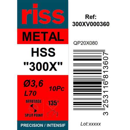 Boite 10 forets à métaux HSS taillé meulé 300X Ø3,6mm - Riss