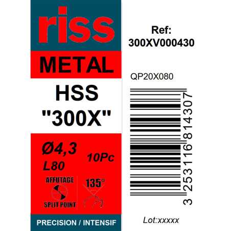 Boite 10 forets à métaux HSS taillé meulé 300X Ø4,3mm - Riss