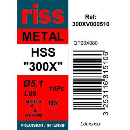 Boite 10 forets à métaux HSS taillé meulé 300X Ø5,1mm - Riss