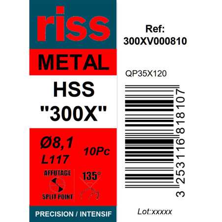 Boite 10 forets à métaux HSS taillé meulé 300X Ø8,1mm - Riss