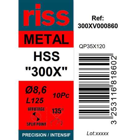 Boite 10 forets à métaux HSS taillé meulé 300X Ø8,6mm - Riss