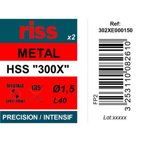 Etui 2 forets à métaux HSS taillés meulés 300X Ø1,5mm - Riss