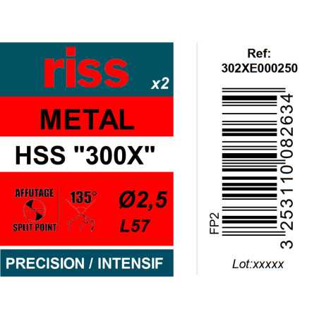 Etui 2 forets à métaux HSS taillés meulés 300X Ø2,5mm - Riss