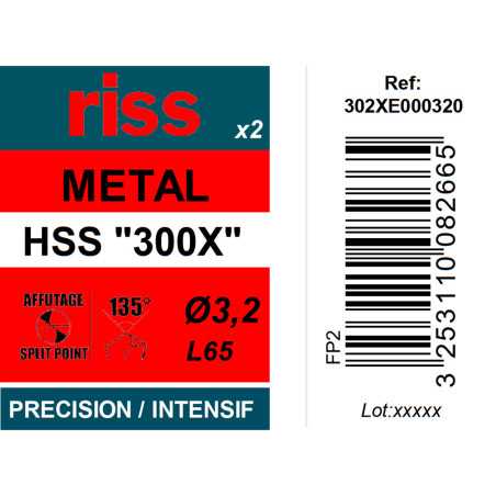 Etui 2 forets à métaux HSS taillés meulés 300X Ø3,2mm - Riss