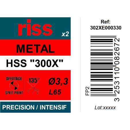 Etui 2 forets à métaux HSS taillés meulés 300X Ø3,3mm - Riss
