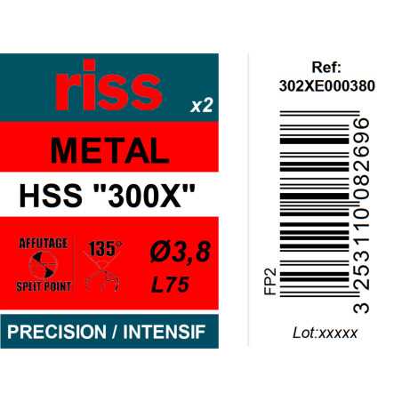 Etui 2 forets à métaux HSS taillés meulés 300X Ø3,8mm - Riss