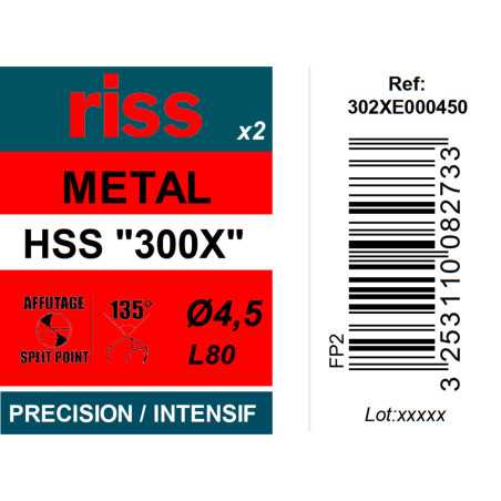 Etui 2 forets à métaux HSS taillés meulés 300X Ø4,5mm - Riss