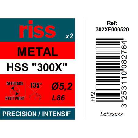 Etui 2 forets à métaux HSS taillés meulés 300X Ø5,2mm - Riss