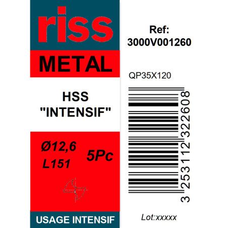 Boite 5 forets à métaux HSS taillé meulé Ø12,6mm - Riss