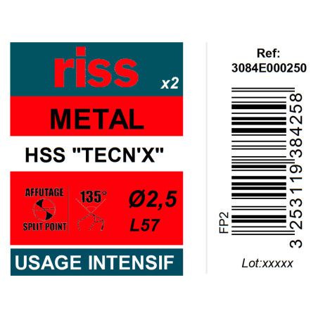 Etui 2 forets à métaux HSS taillés meulés TECN'X Ø2,5mm - Riss