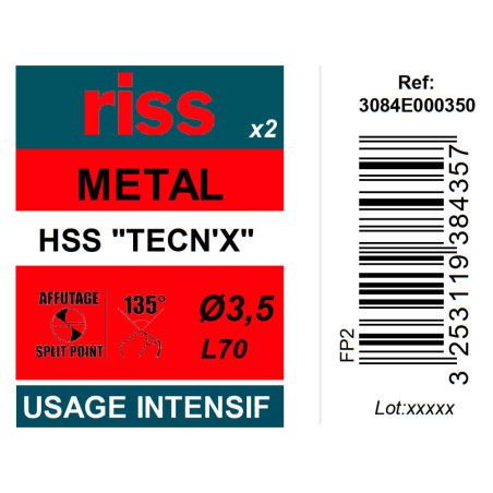 Etui 2 forets à métaux HSS taillés meulés TECN'X Ø3,5mm - Riss