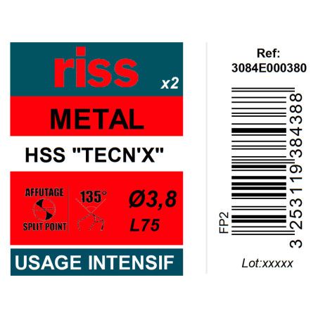 Etui 2 forets à métaux HSS taillés meulés TECN'X Ø3,8mm - Riss