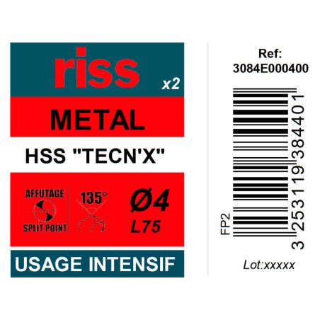 Etui 2 forets à métaux HSS taillés meulés TECN'X Ø4mm - Riss