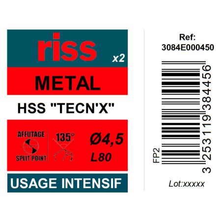 Etui 2 forets à métaux HSS taillés meulés TECN'X Ø4,5mm - Riss