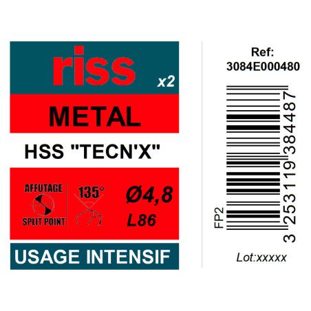 Etui 2 forets à métaux HSS taillés meulés TECN'X Ø4,8mm - Riss