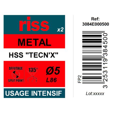 Etui 2 forets à métaux HSS taillés meulés TECN'X Ø5mm - Riss