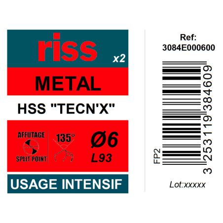 Etui 2 forets à métaux HSS taillés meulés TECN'X Ø6mm - Riss