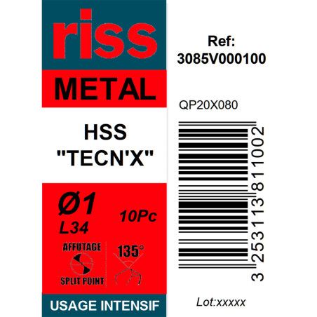 Boite 10 forets à métaux HSS taillés meulés TECN'X Ø1mm - Riss