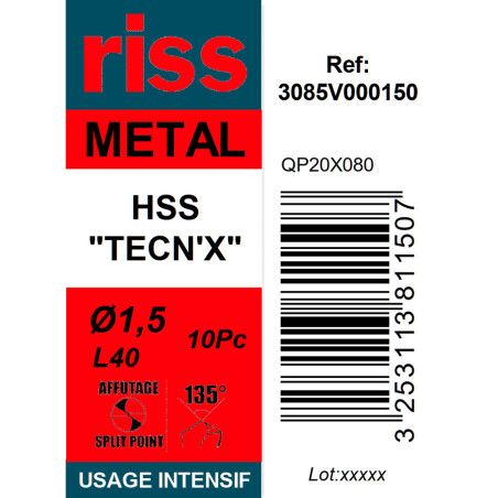 Boite 10 forets à métaux HSS taillés meulés TECN'X Ø1,5mm - Riss