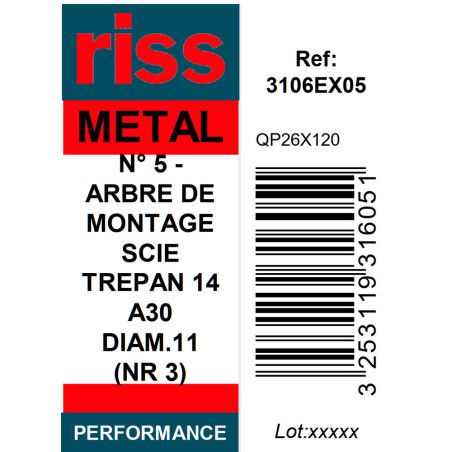 Arbre de montage N°5 pour scie trépan (Ø14 à 30mm) Q11mm - Riss